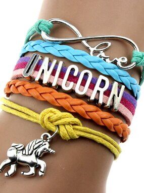 Rustic Handmade Infinity Unicorn Charm Leather Adjustable Bracelet - Rainbow